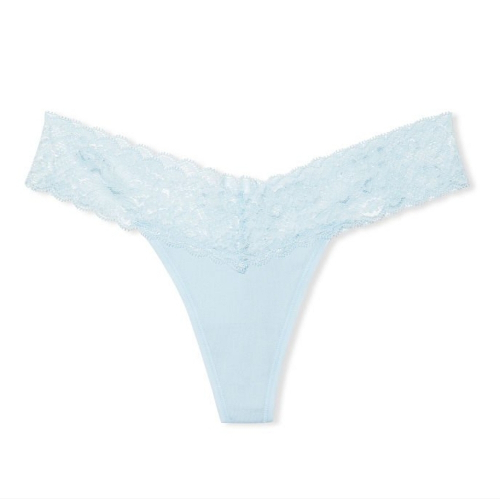 NWT Victoria's Secret Stretch Cotton Lace Thong Size L DISCONTINUED Powder Blue